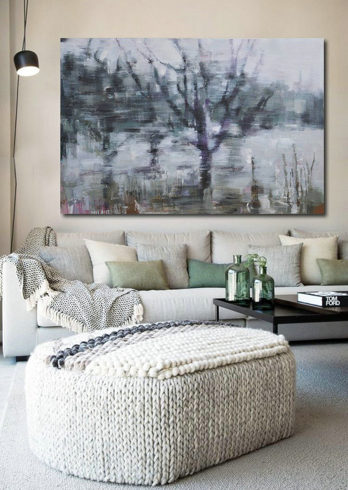 Extra Large Acrylic Painting On Canvas,Horizontal Abstract Landscape Oil Painting On Canvas,Modern Paintings,White,Dark Green,Purple,Black
